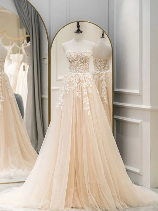 A line Sweetheart Neck Tulle Lace Long Blue Prom Dresses, Lace Formal Graduation Dresses ED0830