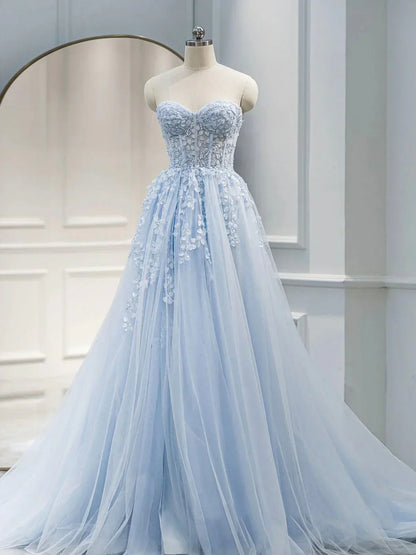 line Sweetheart Neck Tulle Lace Long Blue Prom Dresses, Lace Formal Graduation Dresses HZ1024