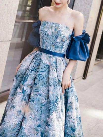 Blue A line satin long prom dress blue long evening dress ED0832
