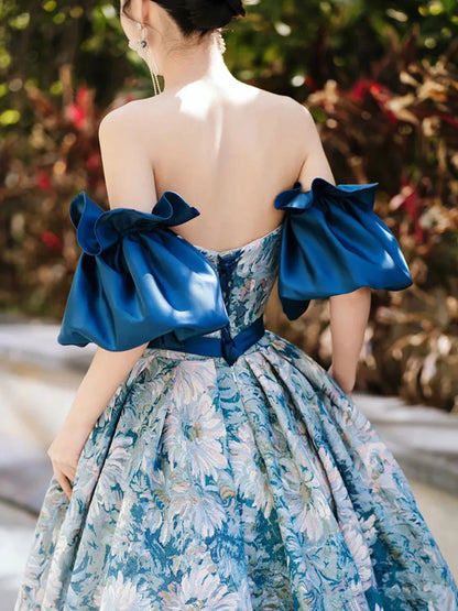 Blue A line satin long prom dress blue long evening dress ED0832