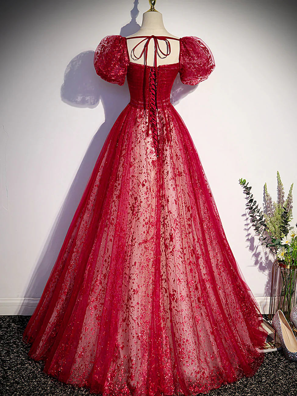 A line burgundy tulle sequin long prom dress, burgundy formal dress ED0834