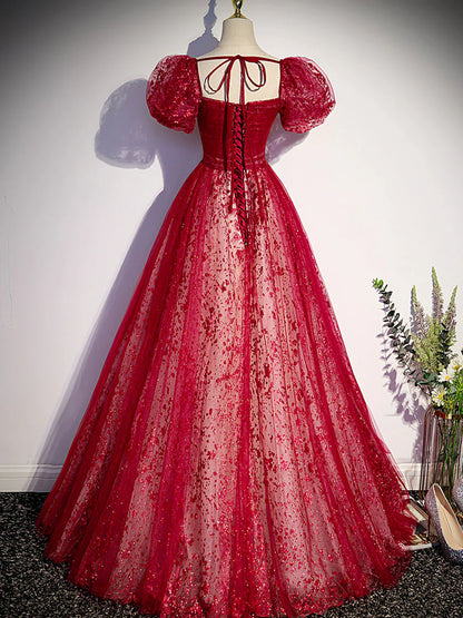 A line burgundy tulle sequin long prom dress, burgundy formal dress ED0834