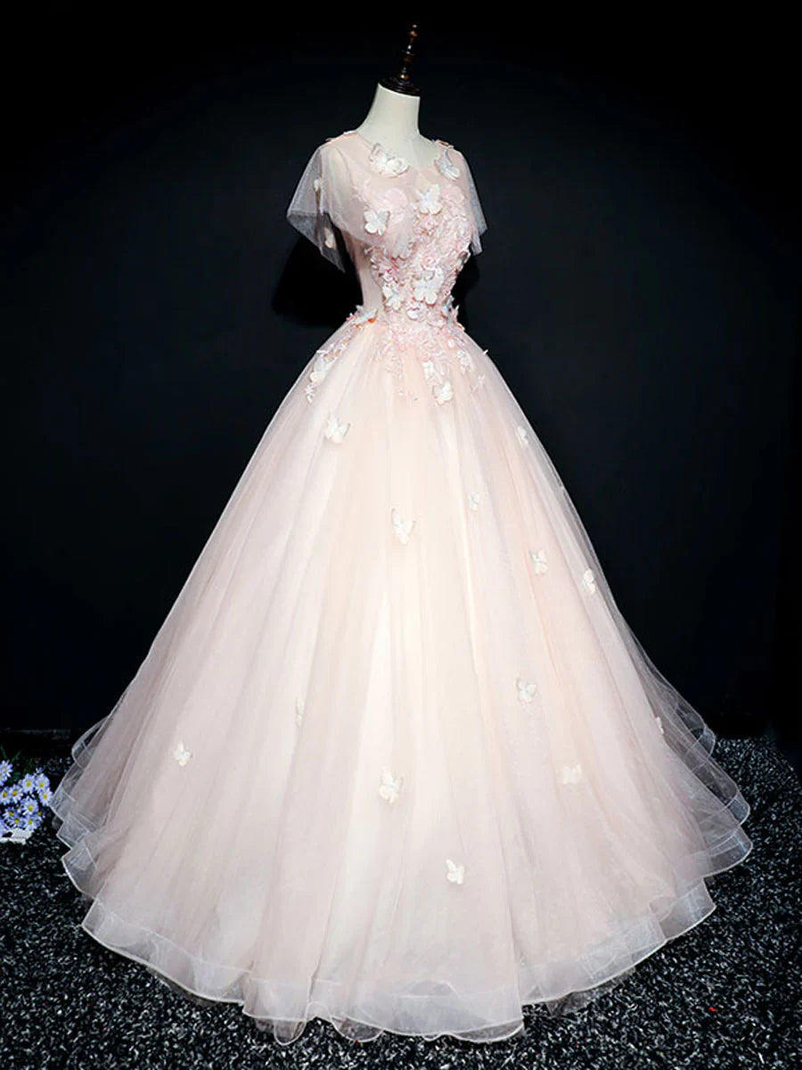 Pink round neck tulle lace long prom dress, pink sweet 16 dress ED0835
