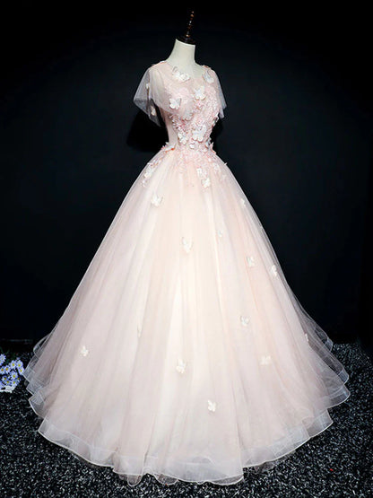 Pink round neck tulle lace long prom dress, pink sweet 16 dress ED0835