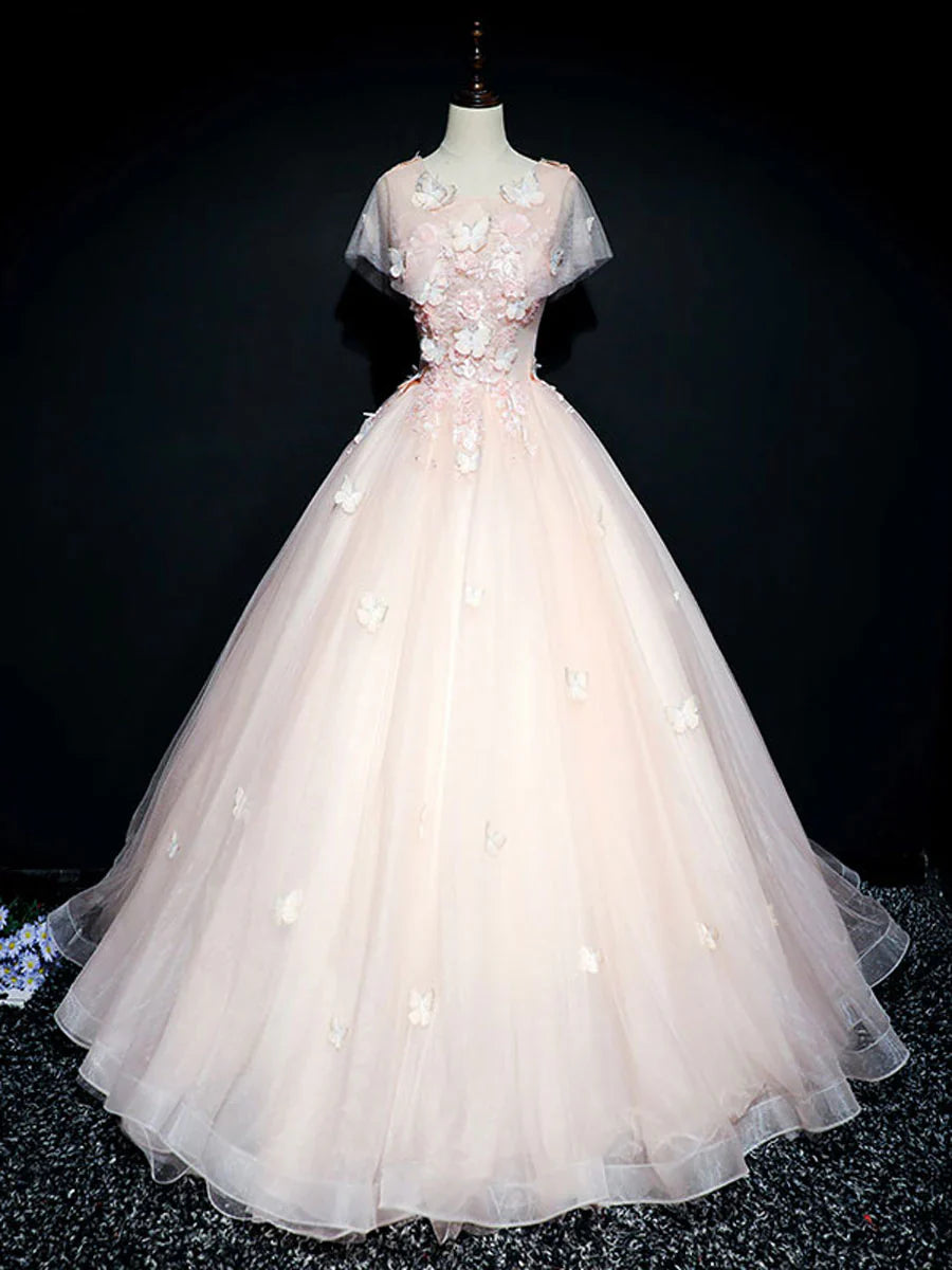 Pink round neck tulle lace long prom dress, pink sweet 16 dress ED0835