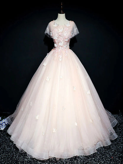 Pink round neck tulle lace long prom dress, pink sweet 16 dress ED0835