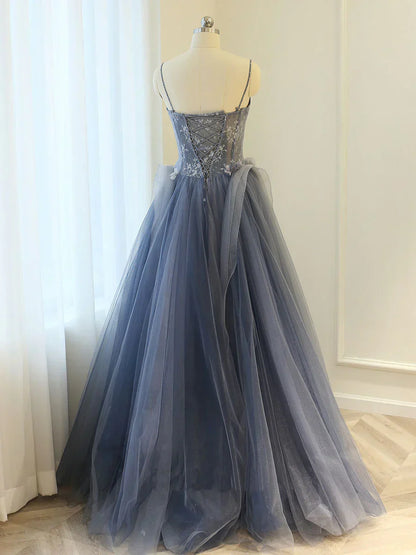 Blue A line lace tulle long prom dress, gray formal evening dress HZ1024