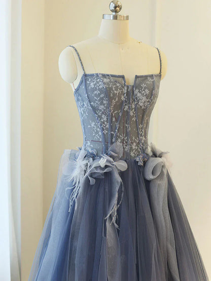 Blue A line lace tulle long prom dress, gray formal evening dress HZ1024
