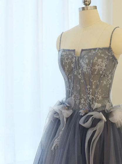 Blue A line lace tulle long prom dress, gray formal evening dress HZ1024