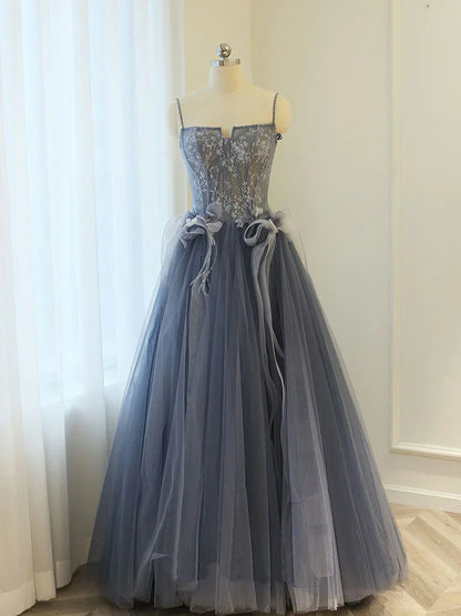 Blue A line lace tulle long prom dress, gray formal evening dress HZ1024