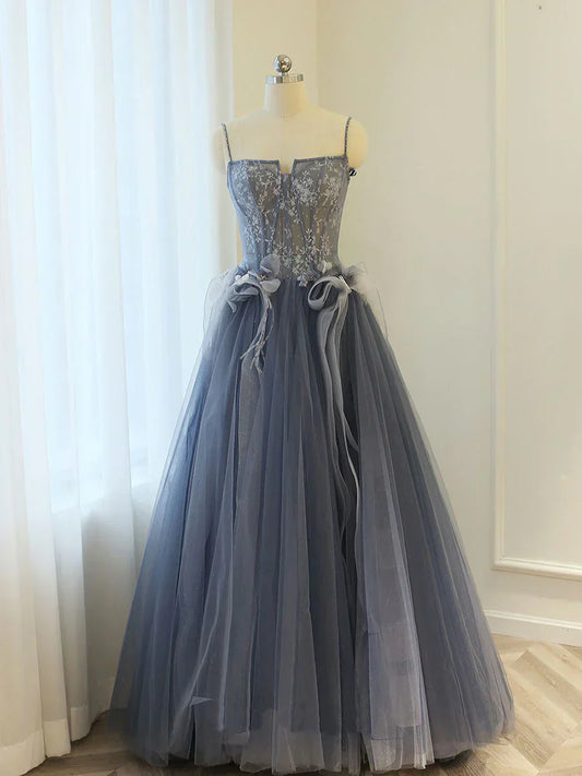Blue A line lace tulle long prom dress, gray formal evening dress HZ1024