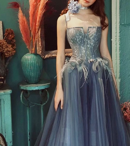 Blue A line lace tulle long prom dress, gray formal evening dress HZ1024