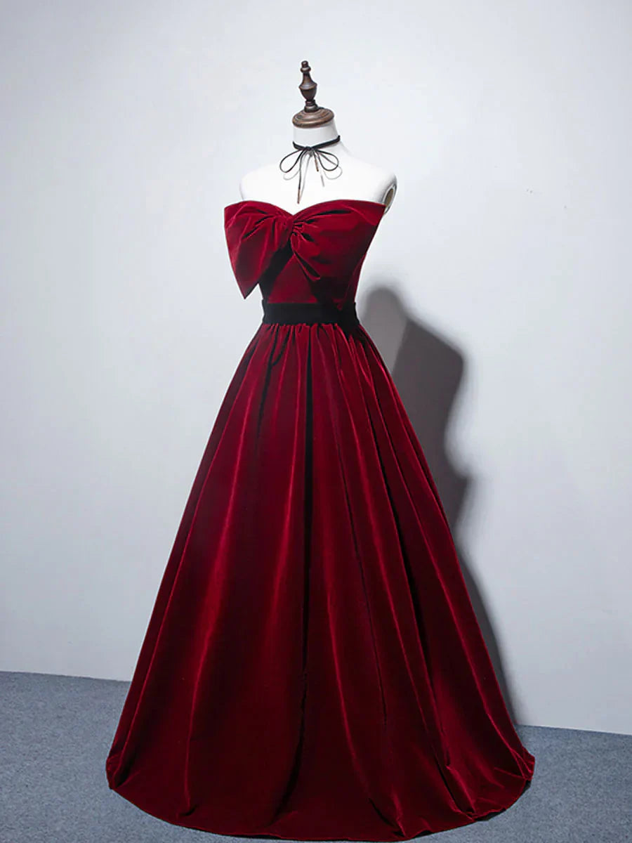 A line burgundy long prom dress, velvet bridesmaid dresses HZ1024