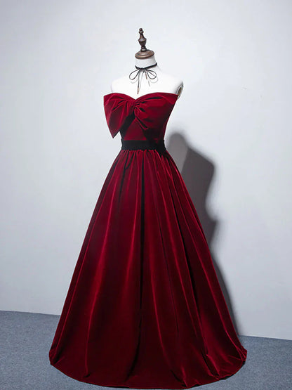 A line burgundy long prom dress, velvet bridesmaid dresses HZ1024