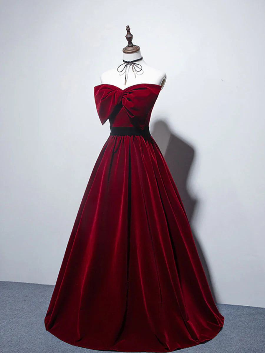 Velvet A line burgundy long prom dress, velvet bridesmaid dresses ED0838