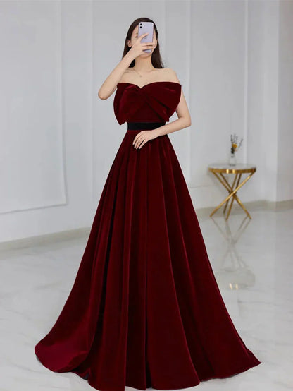 A line burgundy long prom dress, velvet bridesmaid dresses HZ1024
