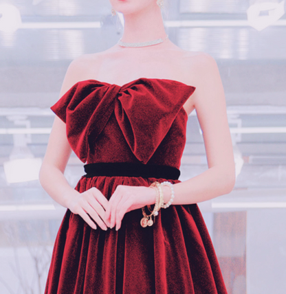 A line burgundy long prom dress, velvet bridesmaid dresses HZ1024