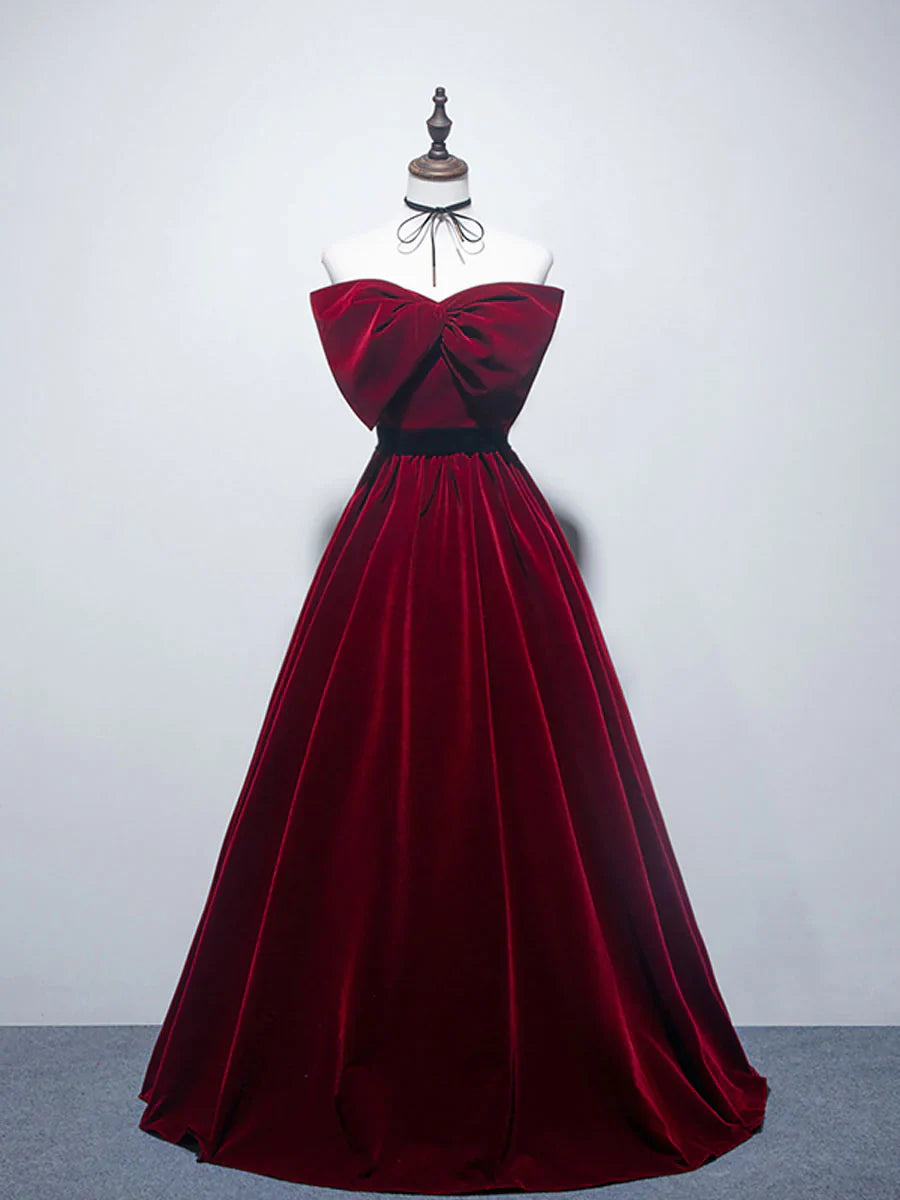 Velvet A line burgundy long prom dress, velvet bridesmaid dresses ED0838