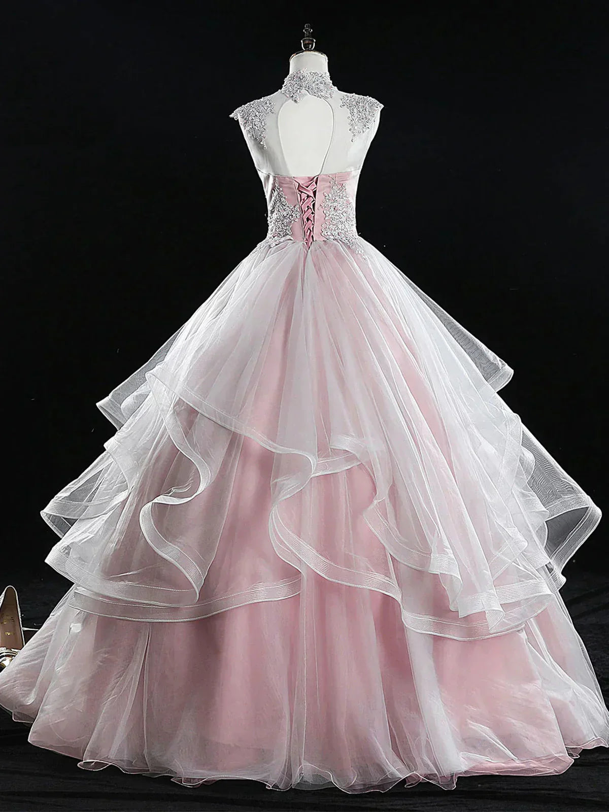 A Line Tulle Lace Long Prom Dress, Pink Sweet 16 Dress HZ1024