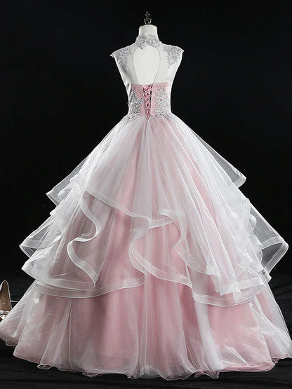 A Line Tulle Lace Long Prom Dress, Pink Sweet 16 Dress HZ1024