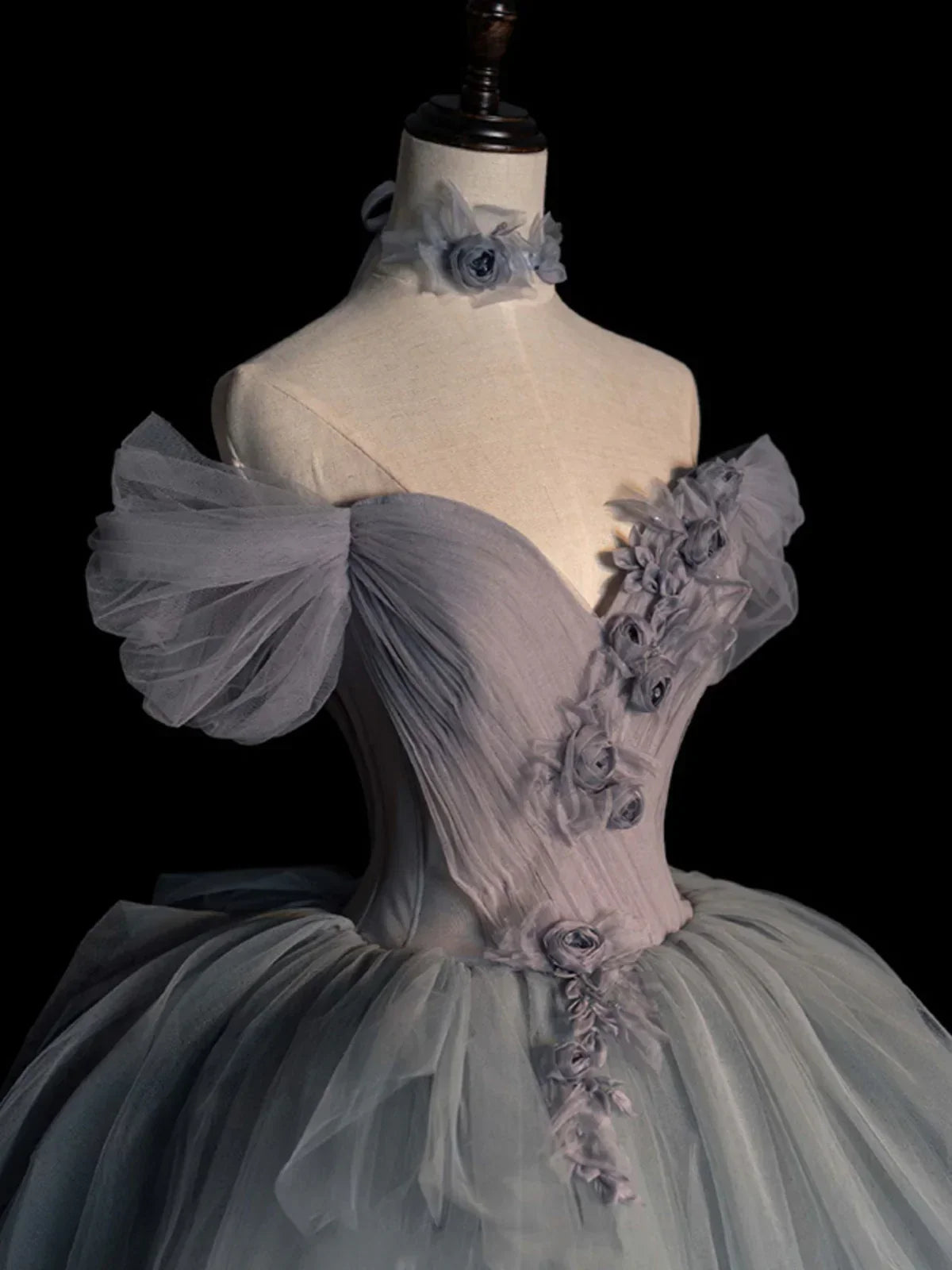 sweetheart neck tulle long prom dress, gray evening dress HZ1024