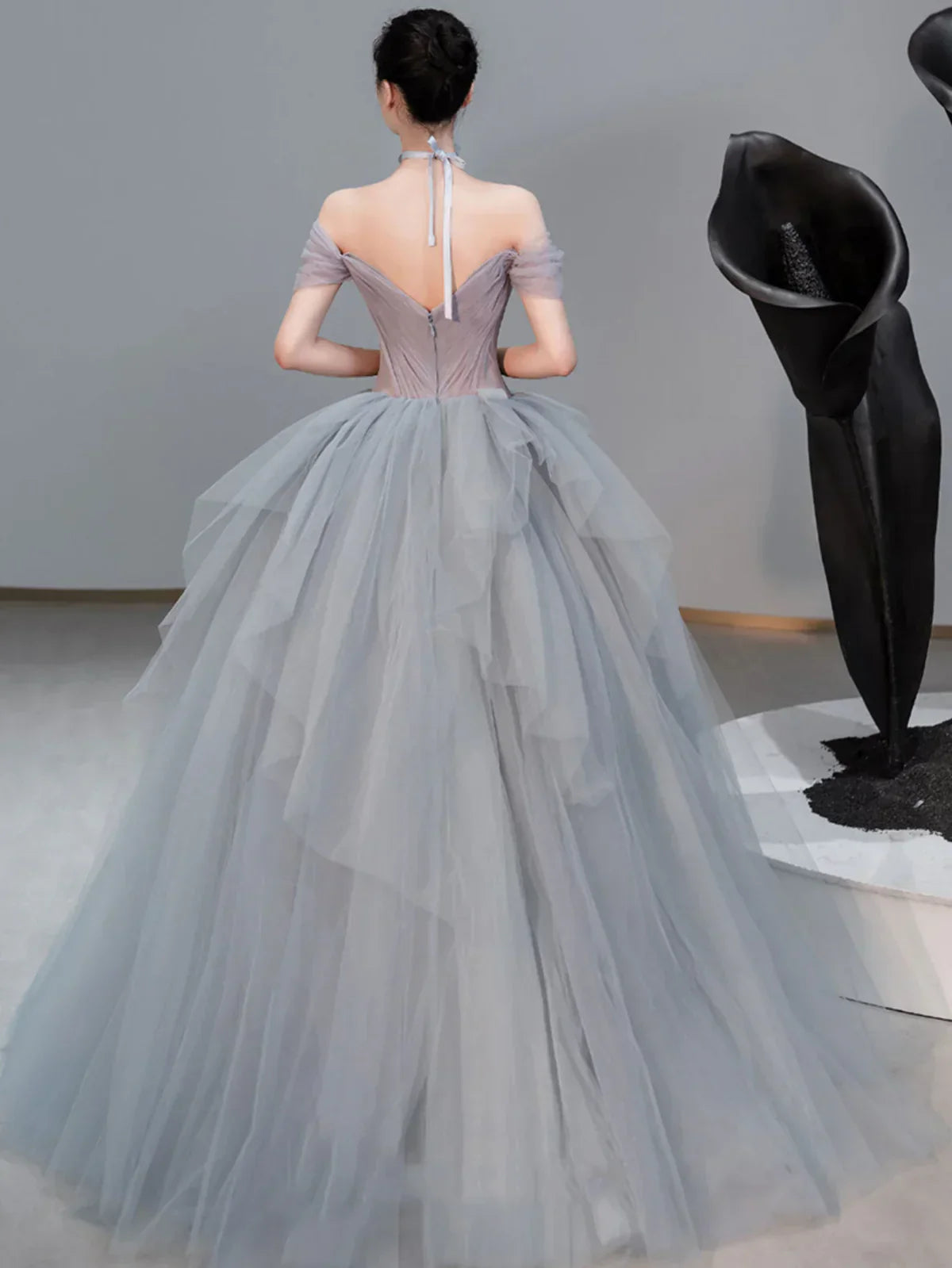 sweetheart neck tulle long prom dress, gray evening dress HZ1024