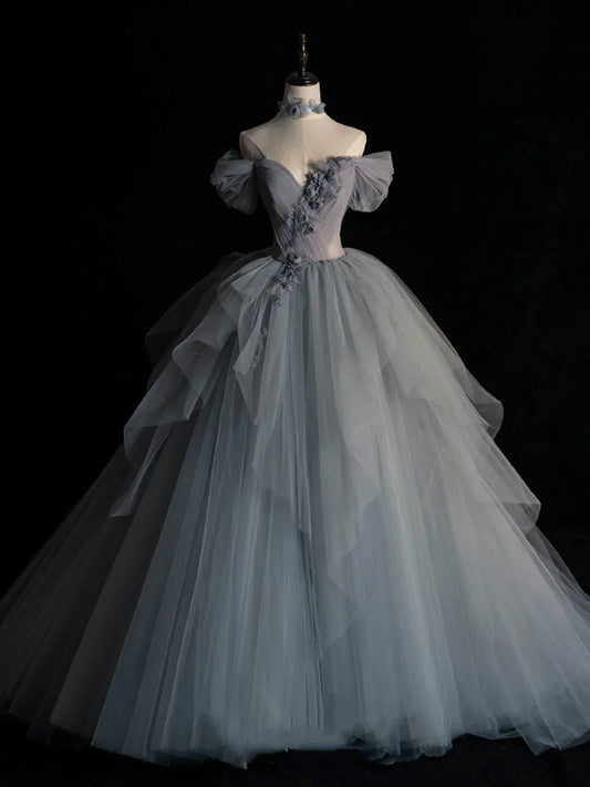 sweetheart neck tulle long prom dress, gray evening dress HZ1024