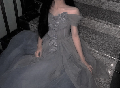 sweetheart neck tulle long prom dress, gray evening dress HZ1024