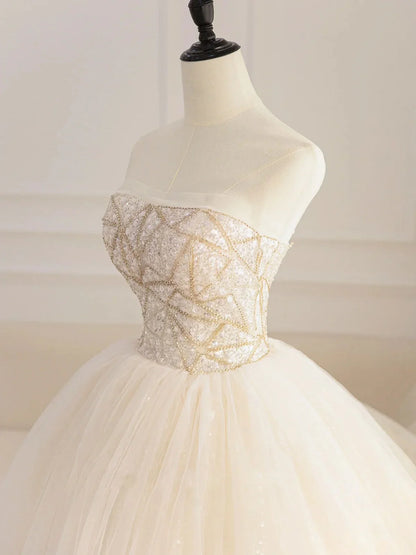 Champagne tulle sequin beads long prom dress, champagne evening dress ED0842
