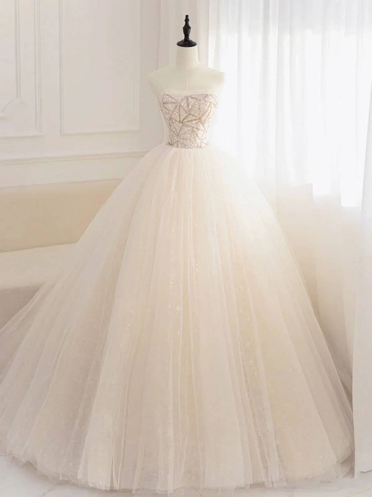 tulle sequin beads long prom dress, champagne evening dress HZ1024