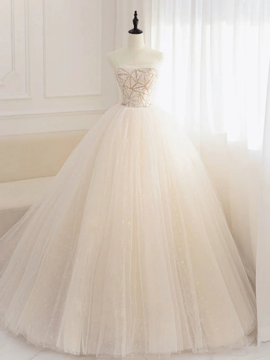 Champagne tulle sequin beads long prom dress, champagne evening dress ED0842