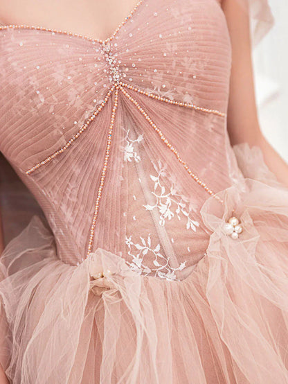 pink sweetheart neck tulle long prom dress, pink tulle formal dress HZ1024