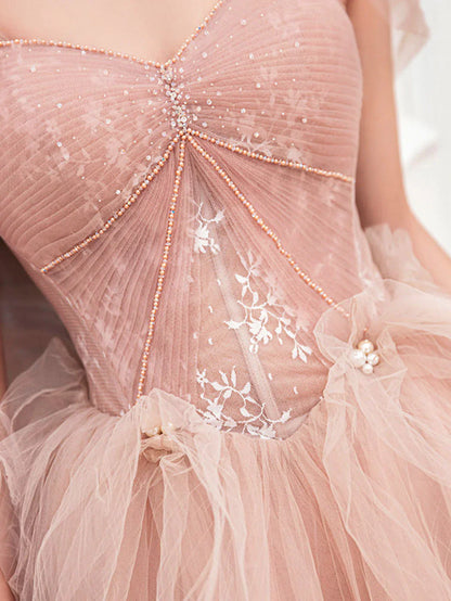 Flesh pink sweetheart neck tulle long prom dress, pink tulle formal dress ED0844