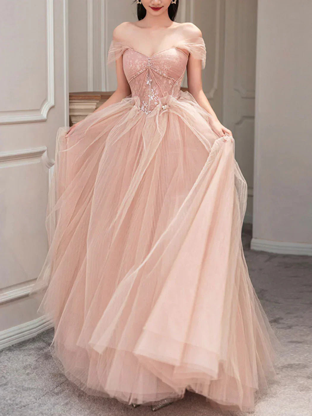 pink sweetheart neck tulle long prom dress, pink tulle formal dress HZ1024