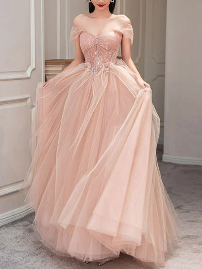 pink sweetheart neck tulle long prom dress, pink tulle formal dress HZ1024