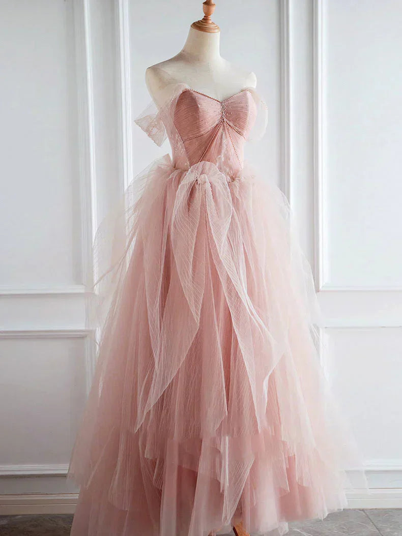 pink sweetheart neck tulle long prom dress, pink tulle formal dress HZ1024
