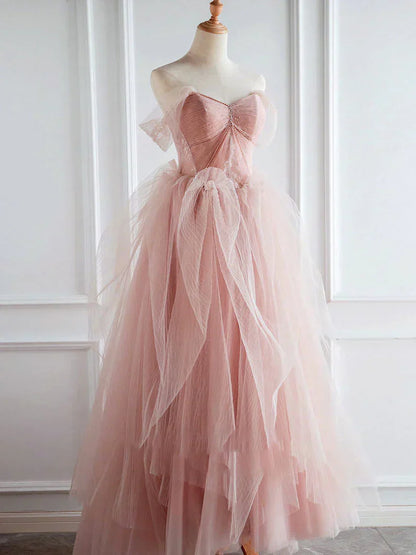 pink sweetheart neck tulle long prom dress, pink tulle formal dress HZ1024
