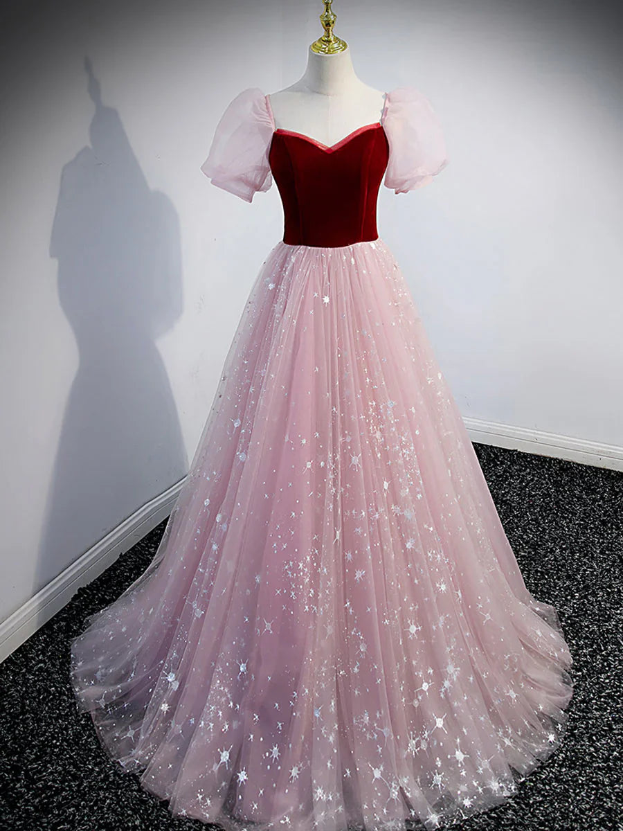 Simple pink A line velvet tulle long prom dress, pink evening dress ED0845