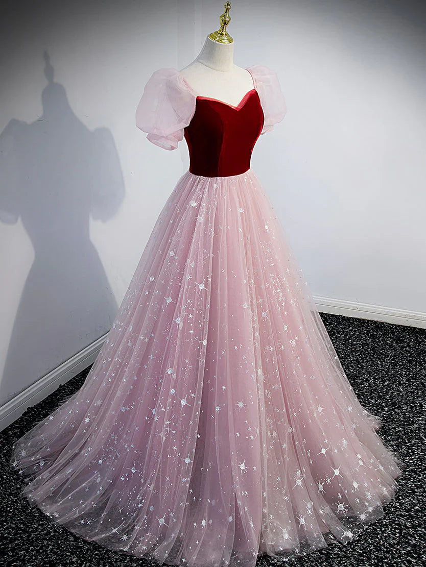 Simple pink A line velvet tulle long prom dress, pink evening dress ED0845