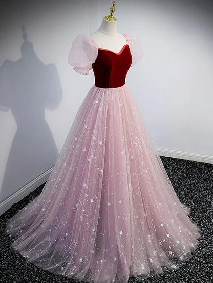 Simple pink A line velvet tulle long prom dress, pink evening dress ED0845