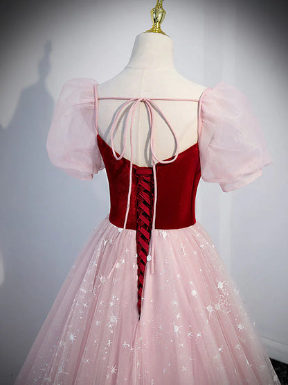 Simple pink A line velvet tulle long prom dress, pink evening dress ED0845