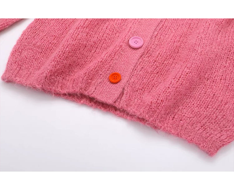 Colorful Button Crewneck Knit Cardigan HZ1024