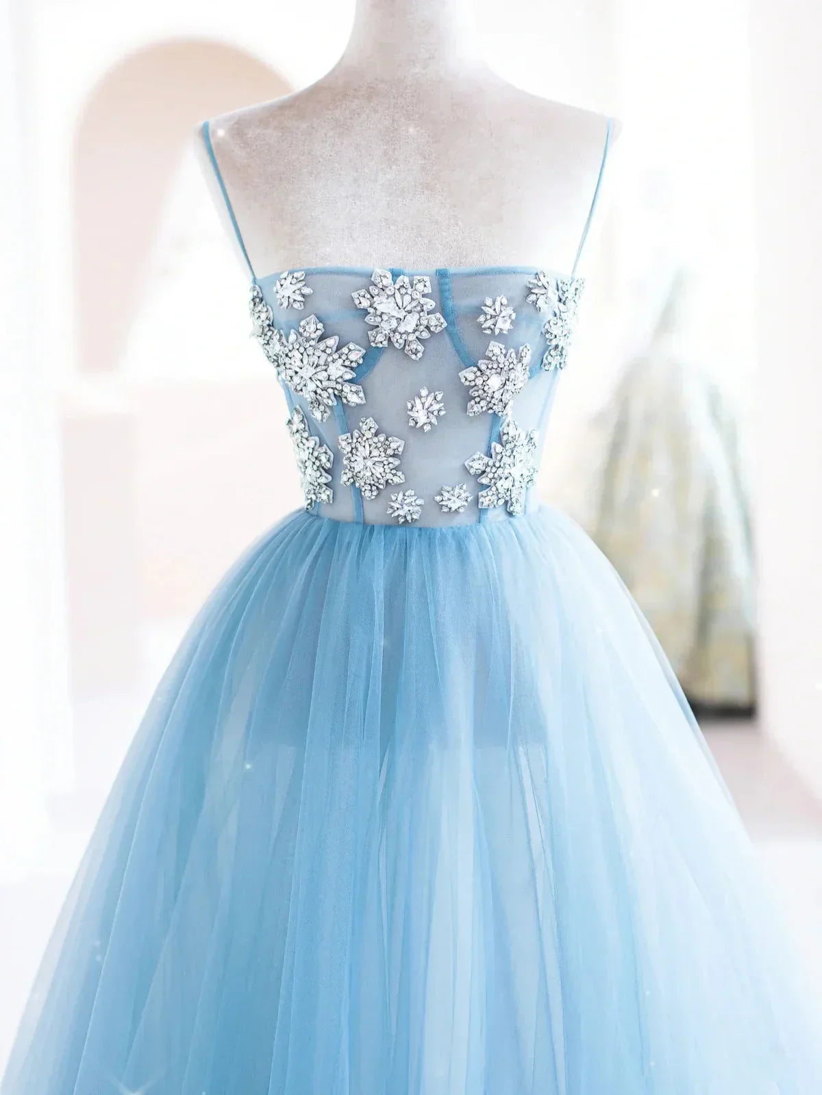 Blue tulle beads long prom dress, blue tulle long evening dress HZ1024