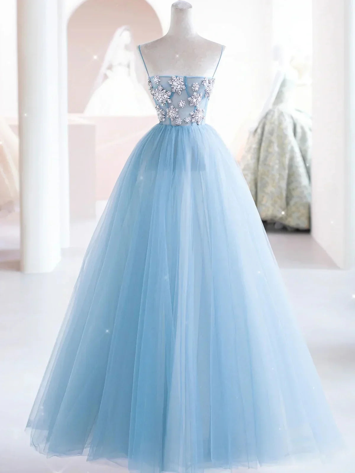 Blue tulle beads long prom dress, blue tulle long evening dress HZ1024