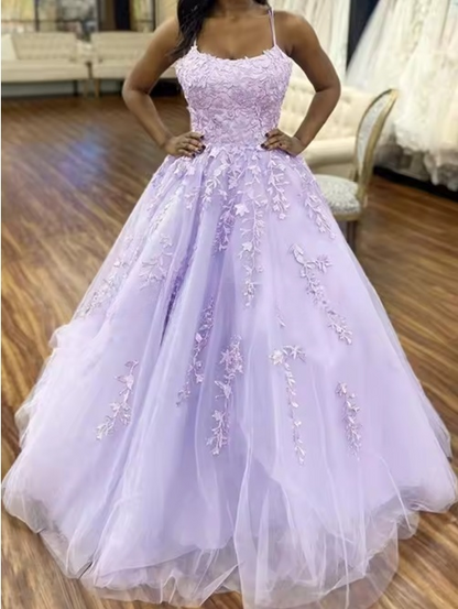 Champagne tulle lace long prom dress lace tulle evening dress ED0876