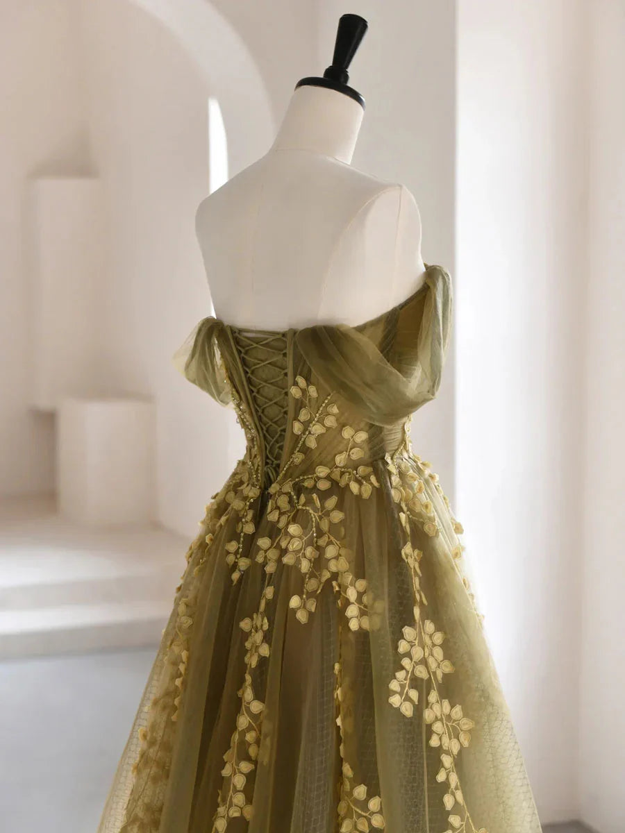 Olive Green A-Line  Off Shoulder Tulle Lace Long Prom Dress, Green Tulle Formal Dress ED0882