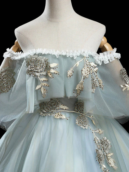 Green A-Line Tulle Lace Long Prom Dress, Lace Evening Dress HZ1024