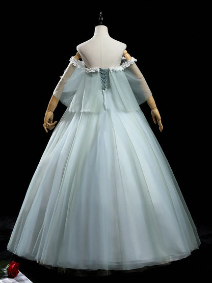 Gray Green A-Line Tulle Lace Long Prom Dress, Lace Evening Dress ED0883