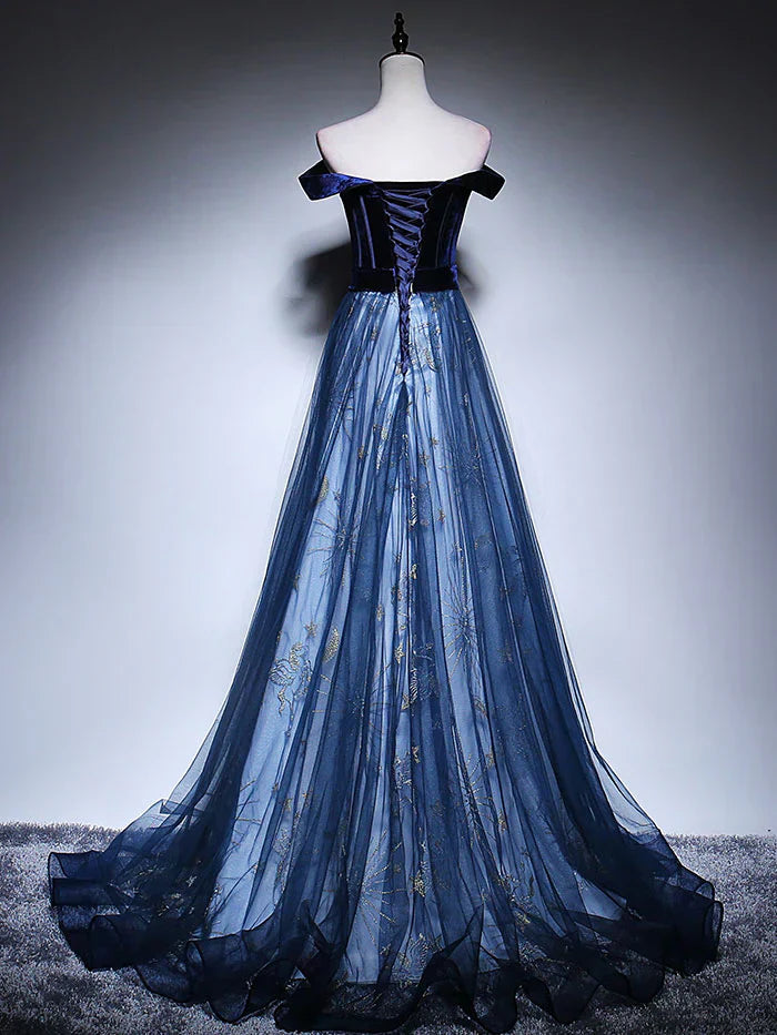 Blue Tulle Velvet Long Prom Dress, Blue Evening Dress HZ1024