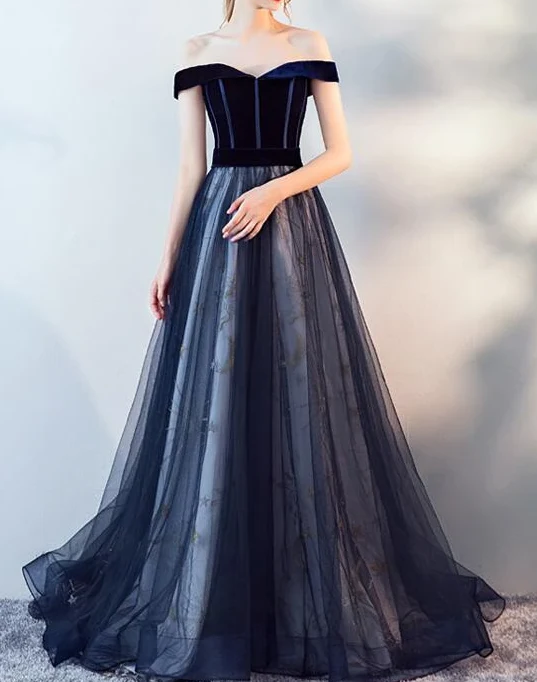 Blue Tulle Velvet Long Prom Dress, Blue Evening Dress HZ1024